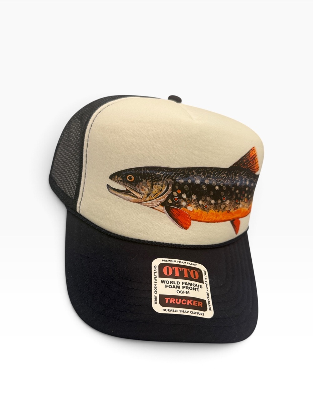 Handmade OTTO Navy and White Trucker Cap with Orange Brook Trout Graphic